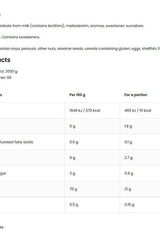 Nutritional information table for OstroVit Whey Protein, detailing ingredients and values per 100g and per portion.