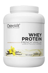 OstroVit Whey Protein container in French Vanilla flavor, 2000g dietary supplement for muscle recovery.