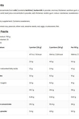 Nutritional facts for OstroVit WHEYlicious protein powder, including ingredients and serving size.