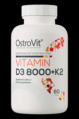 OstroVit Vitamin D3 8000 IU + K2 bottle, dietary supplement with 60 tablets for bone and heart health.