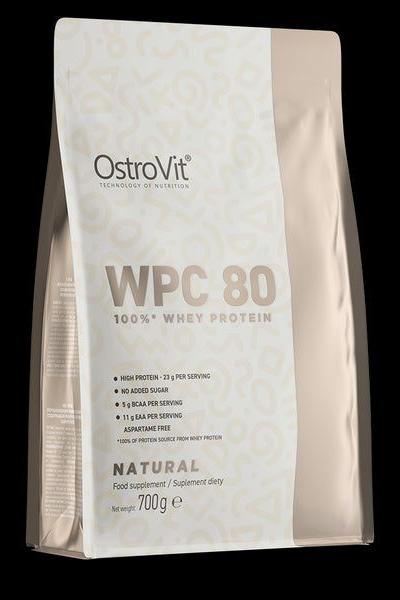 OstroVit WPC 80 Natural whey protein supplement packaging, 700g, high protein, no added sugar.