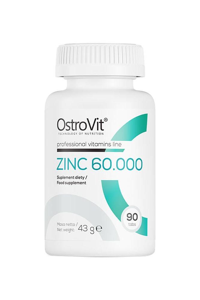 OstroVit Zinc 60.000 supplement bottle with 90 tablets, essential for skin and immune health.