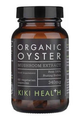 KIKI Health Organic Oyster Extract, 340mg mushroom supplement in a 60 vegetarian capsule bottle.