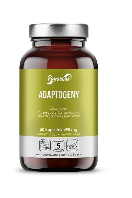 Panaseus Adaptogens supplement bottle with 50 capsules for stress relief and improved health.