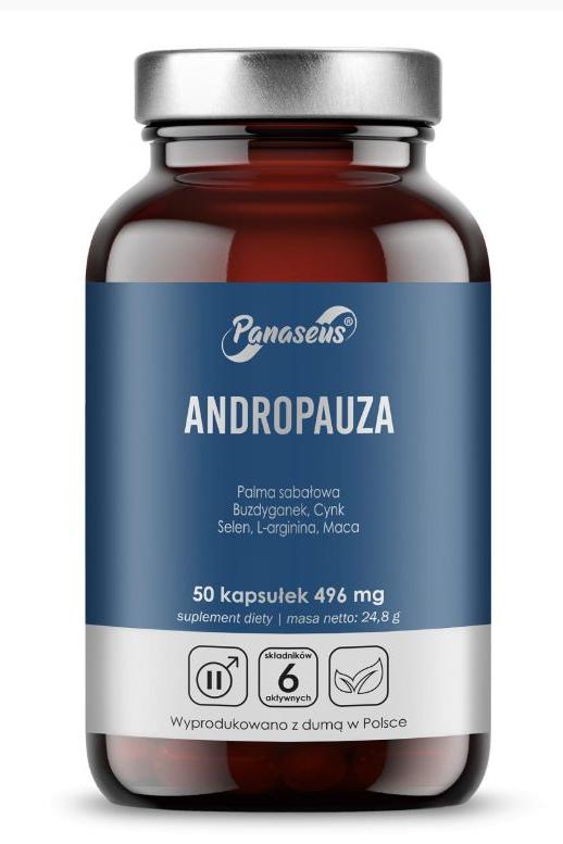 Panaseus Andropause supplement bottle with 50 capsules for hormonal balance and increased energy.