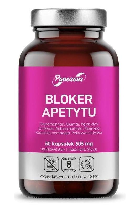 Panaseus Appetite Blocker supplement bottle with 50 capsules for appetite control and weight management.