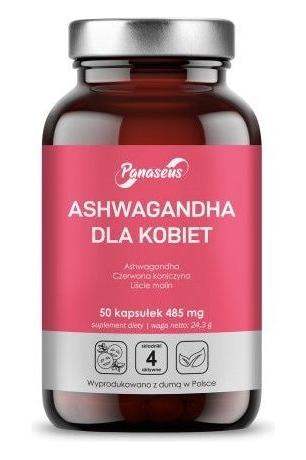 Panaseus Ashwagandha for Women supplement bottle with 50 capsules, designed for women's health and wellness.
