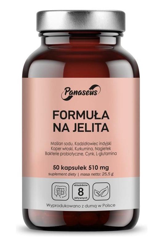 Panaseus Bowel Formula supplement bottle, 50 capsules, designed for digestive health support.