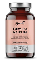 Panaseus Bowel Formula supplement bottle, 50 capsules, designed for digestive health support.