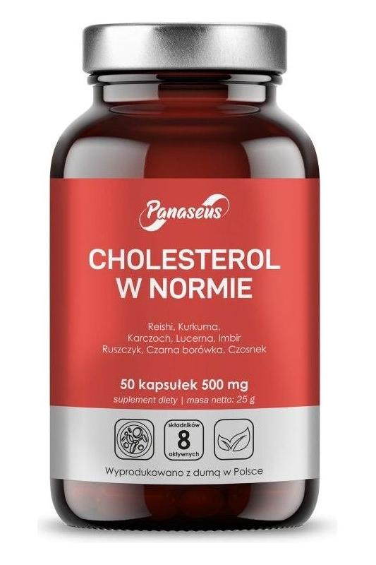 Panaseus Cholesterol Normal supplement bottle with 50 capsules for heart health and normal lipid levels.