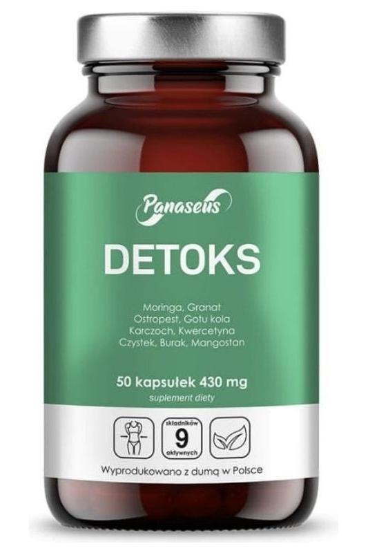 Panaseus Detox supplement bottle with green label, 50 capsules for natural cleansing and liver support.