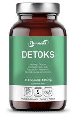 Panaseus Detox supplement bottle with green label, 50 capsules for natural cleansing and liver support.