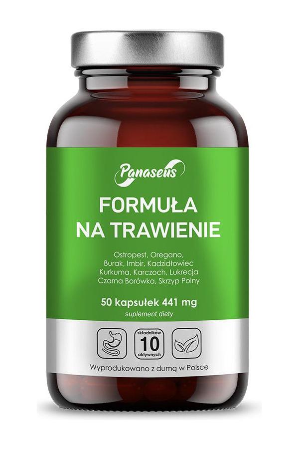 Panaseus Digestive Formula bottle with 50 capsules, featuring herbs for digestive support, 441 mg per capsule.