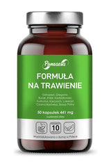 Panaseus Digestive Formula bottle with 50 capsules, featuring herbs for digestive support, 441 mg per capsule.