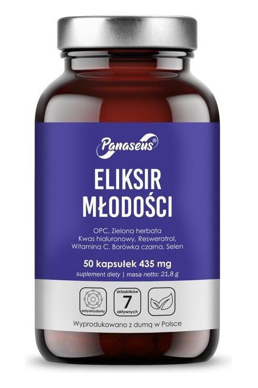 Panaseus Elixir Of Youth supplement bottle with 50 capsules, featuring antioxidants and natural ingredients.
