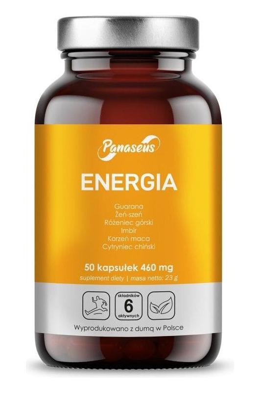 Panaseus Energy supplement bottle with 50 capsules containing Guarana, Siberian ginseng, Maca root, and Citronella.