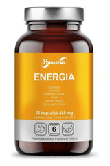 Panaseus Energy supplement bottle with 50 capsules containing Guarana, Siberian ginseng, Maca root, and Citronella.