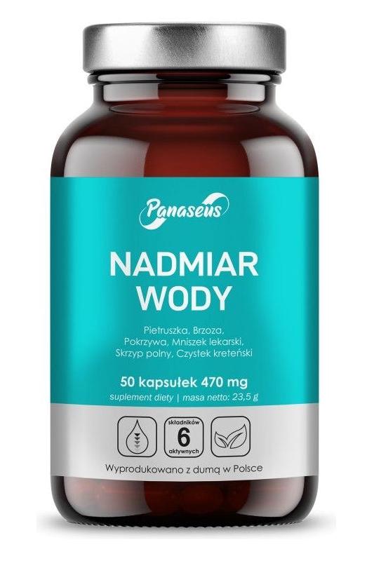 Panaseus Excess Water dietary supplement, 50 capsules, promotes healthy fluid balance naturally.