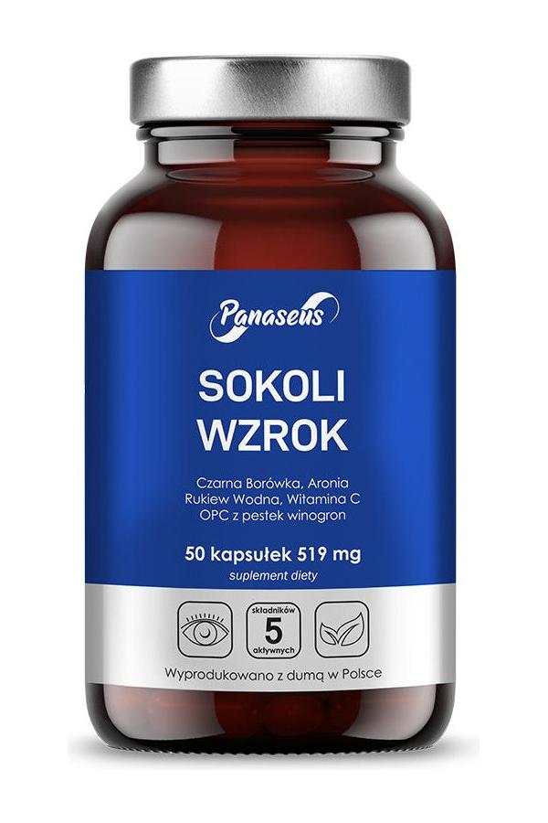 Panaseus Sokoli Wzrok supplement bottle containing 50 capsules for eye health support.