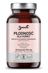 Panaseus Female Fertility supplement bottle with 50 capsules for women's hormonal balance and pregnancy support.