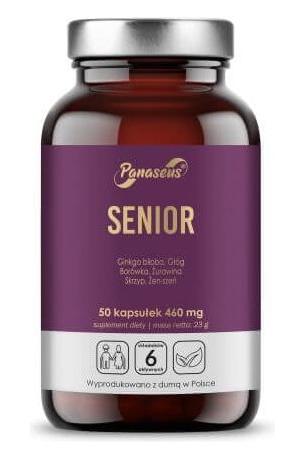 Panaseus Senior supplement bottle with 50 capsules for cognitive health support in seniors.