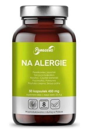 Panaseus allergy relief supplement bottle with 50 capsules, featuring natural plant-based ingredients for allergy support.