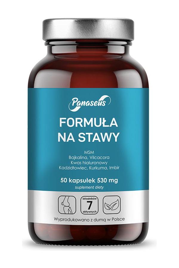 Panaseus Formula for Joints supplement bottle with 50 capsules, enriched with MSM, turmeric, and ginger.