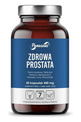 Panaseus Healthy Prostate supplement bottle with 50 capsules for men's health, featuring natural ingredients and nutrients.