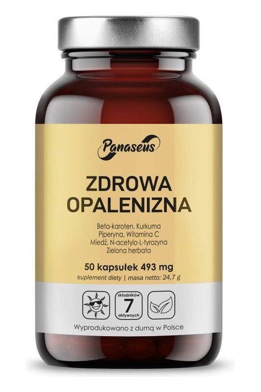 Panaseus Healthy Tan supplement in a bottle, 50 capsules for skin health and sun exposure support.