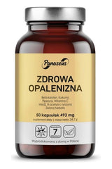 Panaseus Healthy Tan supplement in a bottle, 50 capsules for skin health and sun exposure support.