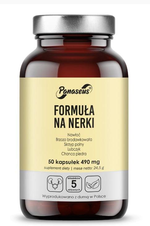 Panaseus Kidney Formula bottle with 50 capsules for natural kidney and liver support.