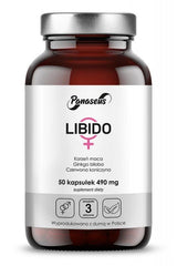 Panaseus Libido supplement bottle with 50 capsules, containing natural extracts for women's health.