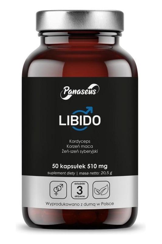 Panaseus Libido product bottle with 50 capsules, designed to support male libido and enhance physical and mental health.