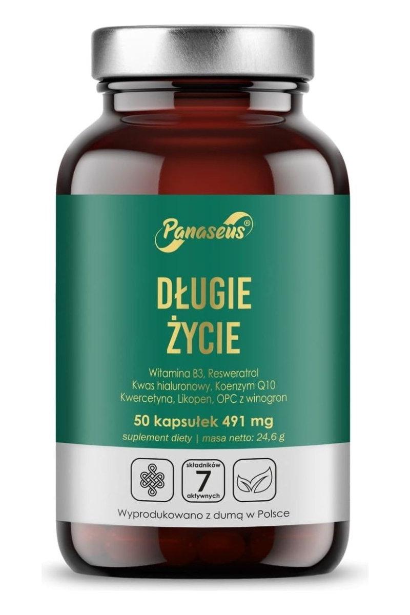 Panaseus Long Life supplement bottle with 50 vegetarian capsules for healthy skin and nervous system support.