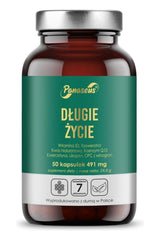 Panaseus Long Life supplement bottle with 50 vegetarian capsules for healthy skin and nervous system support.