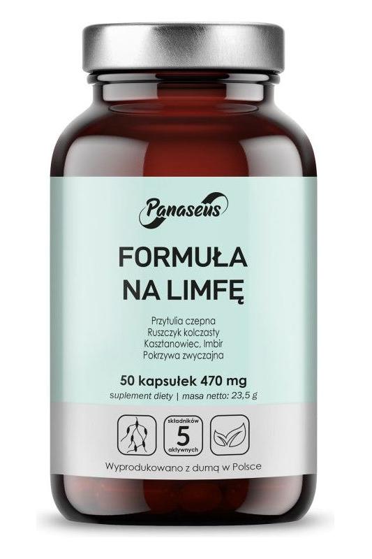 Panaseus Lymphatic Formula supplement bottle with 50 capsules, supporting venous circulation and lymphatic health.
