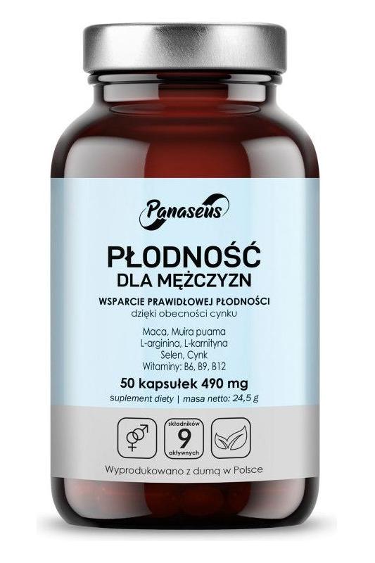 Panaseus male fertility supplement in a brown bottle, 50 capsules for men's reproductive health support.