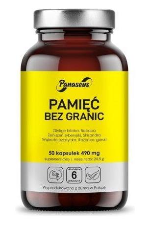 Panaseus Memory Without Borders supplement bottle with 50 capsules for cognitive support and mental health.