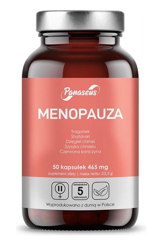 Panaseus Menopause supplement bottle with 50 capsules, formulated for women experiencing menopause.