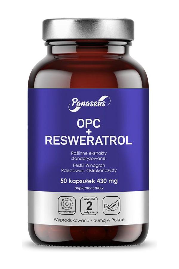 Panaseus OPC + Resveratrol dietary supplement bottle with 50 capsules for antioxidant support.