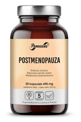 Panaseus Postmenopaus dietary supplement bottle with 50 vegetarian capsules for women's health.