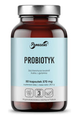 Panaseus probiotic supplement bottle with 50 capsules, featuring Saccharomyces boulardii, inulin, and L-glutamine