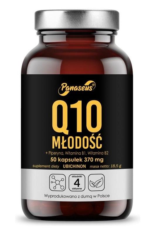 Panaseus Q10 Youth supplement bottle, 50 capsules with CoQ10, vitamins B1 and B2, designed for energy and heart health.