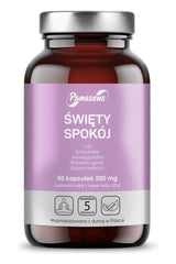 Panaseus Święty Spokój supplement bottle with 50 vegan capsules for stress relief and wellness.