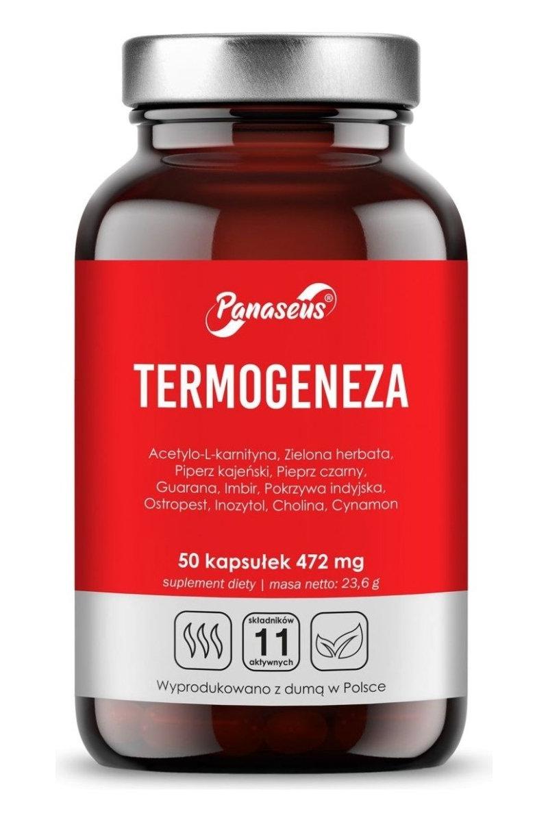 Panaseus Thermogenesis supplement bottle with 50 capsules, featuring natural ingredients for fat burning and energy boost.