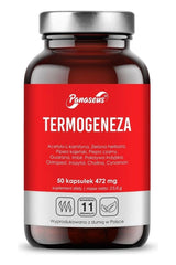 Panaseus Thermogenesis supplement bottle with 50 capsules, featuring natural ingredients for fat burning and energy boost.