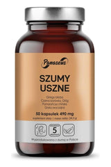 Panaseus Tinnitus supplement bottle featuring Ginkgo biloba, 50 capsules, supporting ear health and circulation.