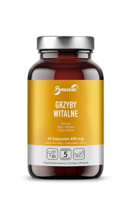 Panaseus Vital Mushrooms supplement bottle containing 50 capsules for immune and cognitive support.