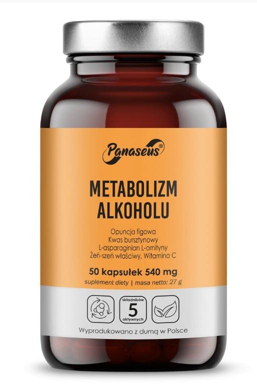 Panaseus Yango Alcohol Metabolism supplement bottle with 50 capsules for detox support and recovery after drinking.