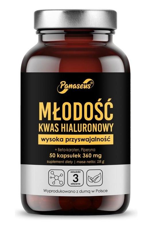 Panaseus Youth Hyaluronic Acid dietary supplement - 50 capsules, enhanced skin and joint health.